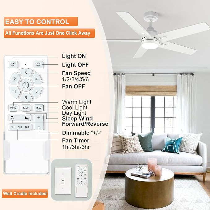 YUHAO 48 Inch White Ceiling Fan with Light and Remote Control.Noiseless,Dimmable, 3CCT,6 Speeds Reversible, Modern DC Ceiling Fans for Indoor or Covered Outdoor Use,ETL Listed