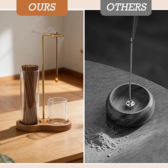 2 in 1 Incense Holder, Wooden Incense Holder for Sticks with Glass Ash Catcher Anti-Ash Flying Upside Down Insence Stick Burner for Meditation Yoga Spa Room Decor (Gold, 7.87“+2.75”)