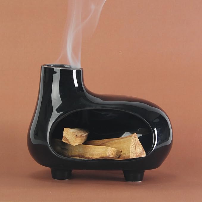 Ceramic Palo Santo Holder Burner with Chimney & Elevated Feet, Mess-Free Design, Ideal for Meditation & Yoga, Holds Palo Santo Sticks, Sage & Cones – Palo Santo Holder Set with Brush & Tweezer (Black)