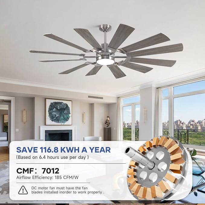 62'' Farmhouse Ceiling Fan with Light,12 Dual-Finish Wind Mill Blades, 3 Downrods, 6-Speed Reversible DC Motor, High CFM, 3CCT, Indoor Outdoor Modern Industrial Fans for Patio Commercial Shop Garage