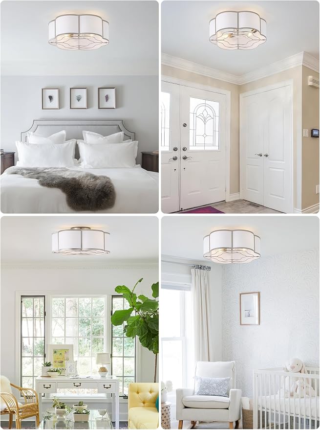 20" Boho Ceiling Fan with Lights Flush Mount, Silver Enclosed Ceiling Fans with Lights Remote Control, Caged with 6 Speeds for Bedroom, Living Room, Nursery