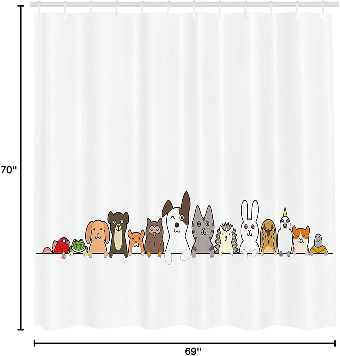 Ambesonne Cartoon Shower Curtain, Domestic Pets Various Animals with Funny Expressions Humorous Cartoon Style, Cloth Fabric Bathroom Decor Set with Hooks, 69" W x 70" L, Grey Salmon
