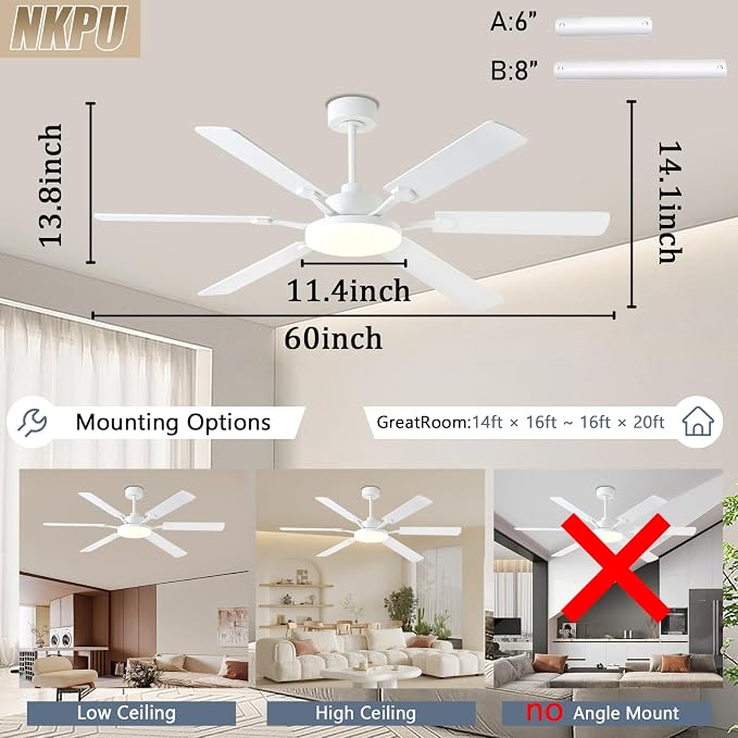 60 Inch Ceiling Fans with Lights, Large Modern White Ceiling Fan with Light and Remote Control, 6 Double Sided Blades, 6 Speed Reversible Motor, Dimmable LED, Silent Timing, Indoor Outdoor Patio Use