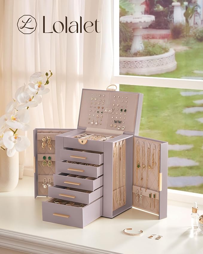 Lolalet Large Jewelry Box Organizer for Women, 6-Layer Jewelry Organizers and Storage Case with Mirror & 5 Drawers, Lockable Watch Ring Earring Bracelet Necklace Holder Girls Gift -6Layer, HazePurple