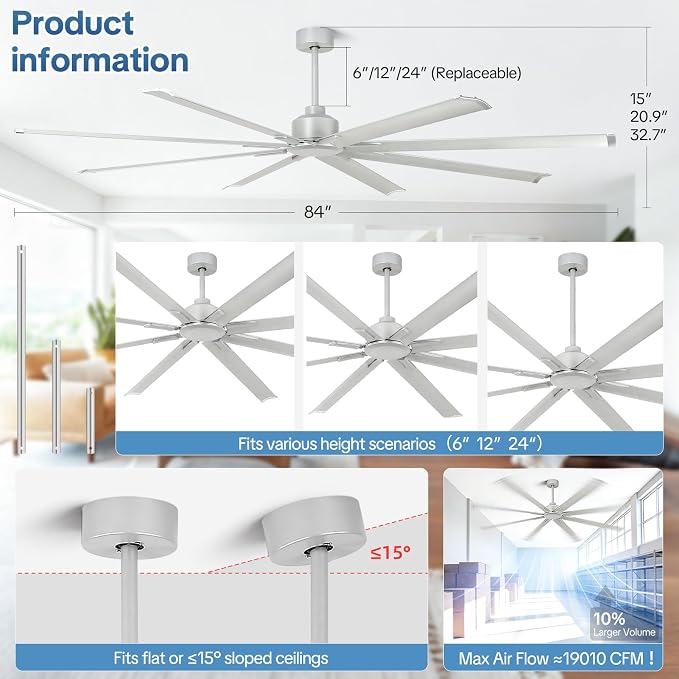 YYEHON 84 Inch Large Ceiling Fans No Lights, Industrial Fan Quiet DC Motor, 8 Aluminum Blades, 3 Downrod, 6-Speed Remote Control, Home or Commercial Fan for Porch, Garage, Shop