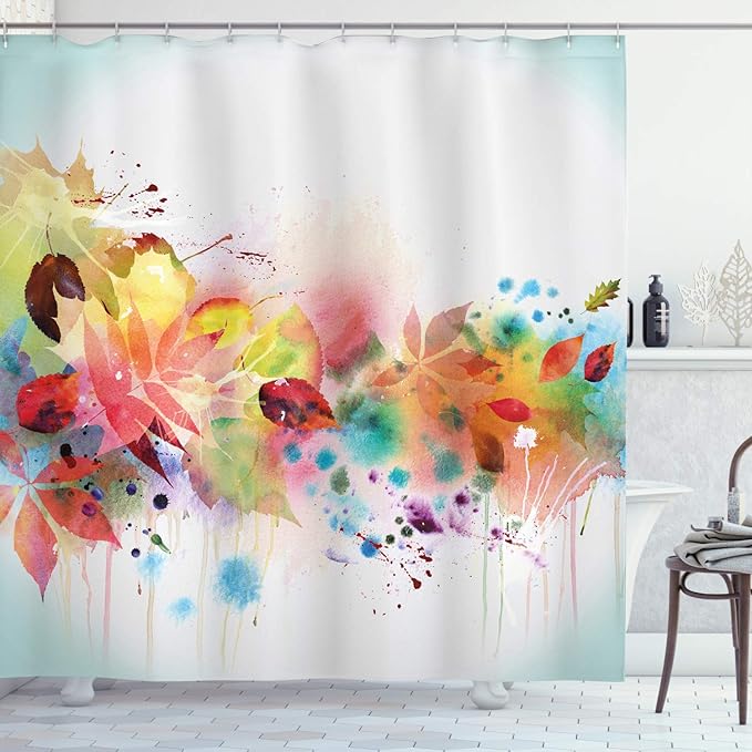 Ambesonne Fall Shower Curtain, Psychedelic Autumn Scene of Abstract Watercolors Splashes and Brushstrokes in a Blurry Design Art, Cloth Fabric Bathroom Decor Set with Hooks, 69" W x 84" L, Cadet Blue