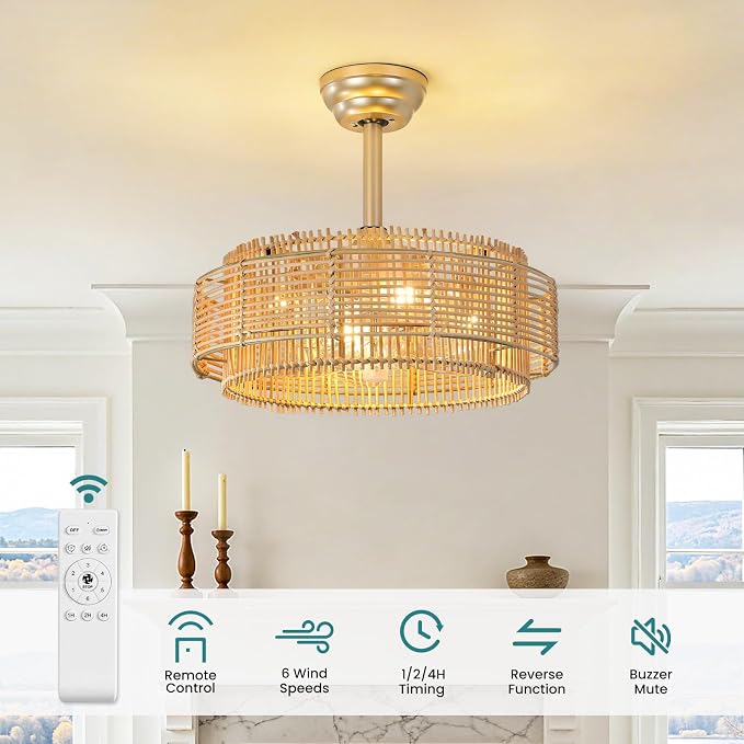 KAISITE Boho Caged Ceiling Fan with Light and Remote Control 19" Rattan Fandelier 6 Speeds Bladeless Ceiling Fan Semi Flush Mount Chandelier Fan for Bedroom Living Room Nursery