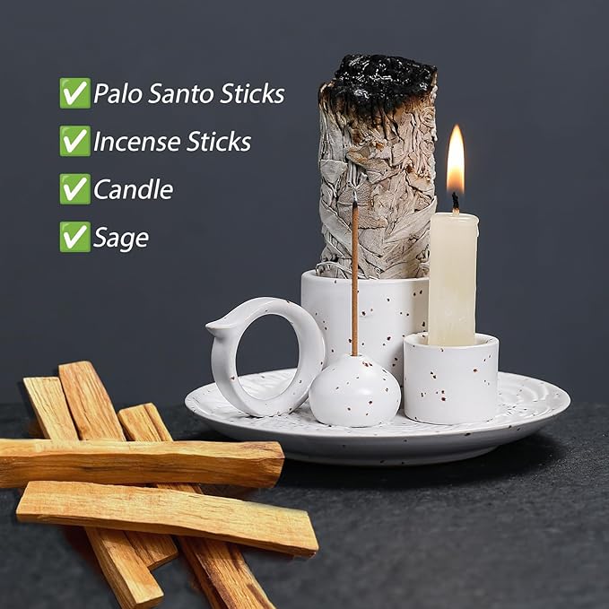 4 in 1 Ceramic Incense Burner Holder with Handle for Burning Sage, Palo Santo Stick, Joss Sticks, Candle in Your New House, Office, Yoga, Meditation Room (White)