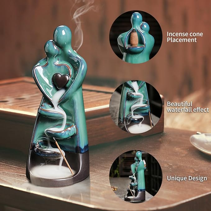 YYW Backflow Incense Holder Ceramic Hugging Lovers Incense Burner, Handmade Waterfall Incense Burner with 20 Incense Cones and 30 Incense Sticks, Home Decor Aromatherapy Ornament