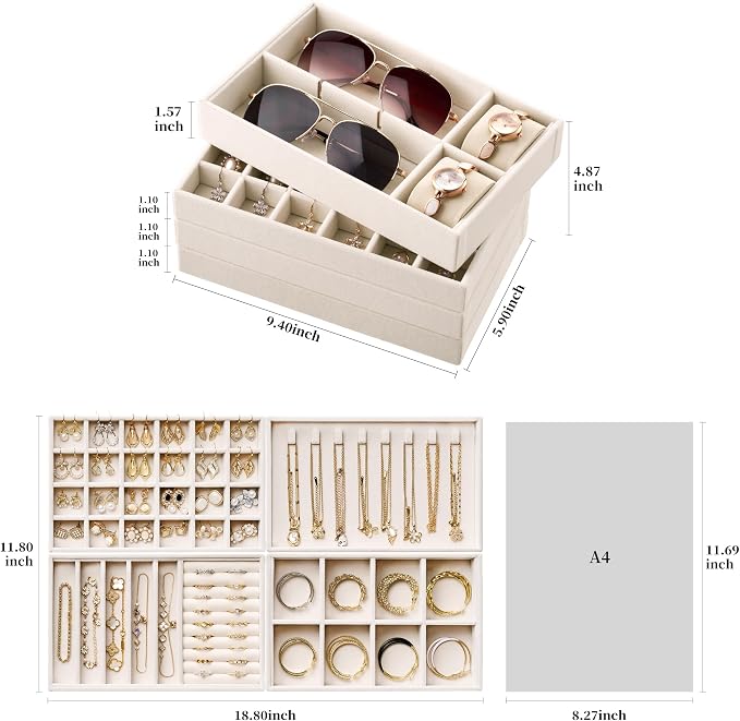 Velvet Jewelry Drawer Organizer Trays – 4-Layer Stackable Jewelry Storage Inserts Set, Beige Jewelry Tray Set for Earrings, Rings, Necklaces, Bracelets with Removable Dividers for Dresser & Vanity