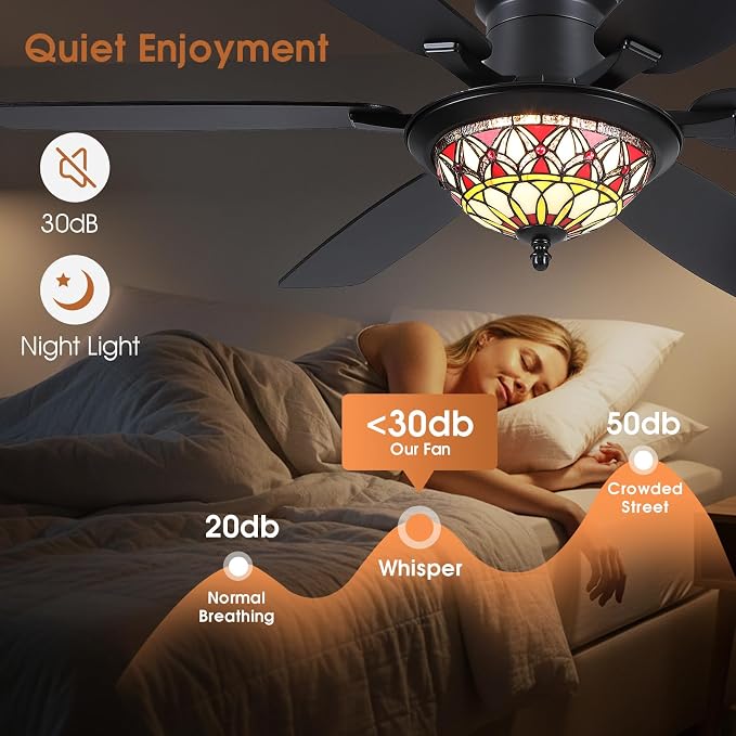 Tiffany Ceiling Fans with Lights - 52" Ceiling Fan Chandelier with Stained Glass Shade, 6 Speeds Reversible 6 Dual-Blades, Flush Mount, 3 CCT Dimmable LED Lights, Remote & APP Control, Retro Style