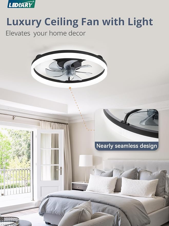 LEDIARY Ceiling Fans with Lights, 20 inch Low Profile Flush Mount Ceiling Fan, Dimmable LED, APP & Remote Control, Quiet Reversible DC Motor, 6 Speeds, Fandelier for Bedroom, Black