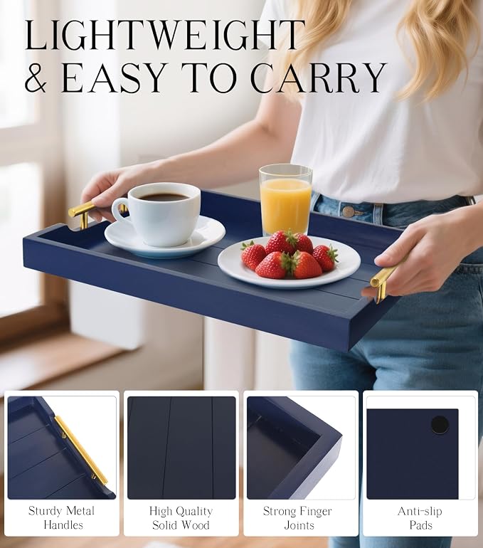 SXNOWS Wooden Serving Tray with 2 Sets of Handles,Navy Blue | Rectangle 16.5x13 Inch Ottoman Decorative Tray for Coffee Table Kitchen Bar Living Room Breakfast in Bed, 4 Coasters Included