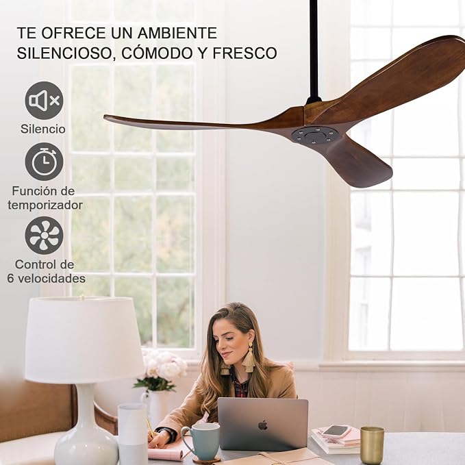 Ceiling Fans without Lights, 52 Inch Wood Ceiling Fan no Light with Remote,Outdoor Ceiling Fan for Living Room,Patio, Porch,6 Speed, Quiet DC Motor(Deep Walnut Blades)