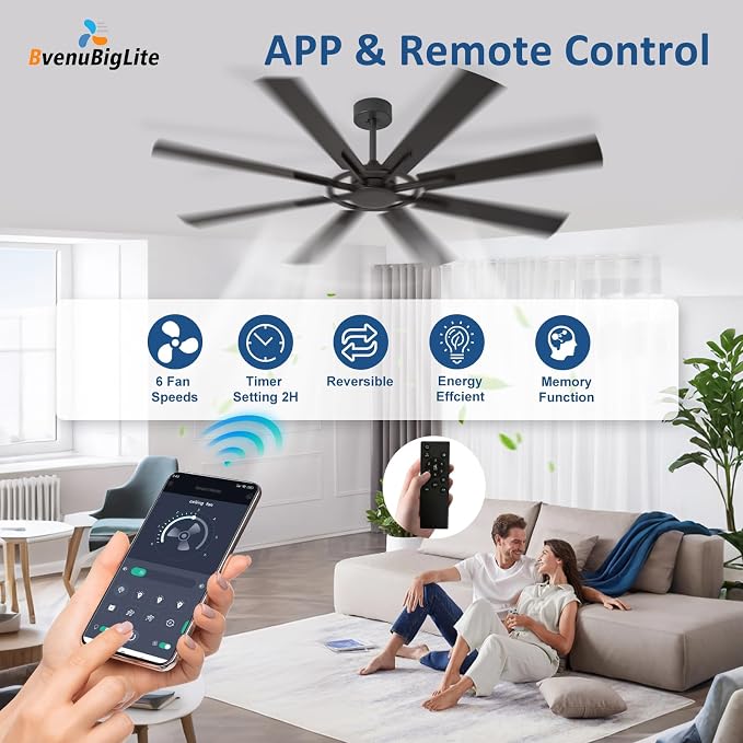 Large Ceiling Fan No Light: Modern 66 Inch 8 Blade Outdoor Ceiling Fans with Remote APP Control - Black Big Fan without Light Indoor Reversible 6 Speed Quiet DC Motor