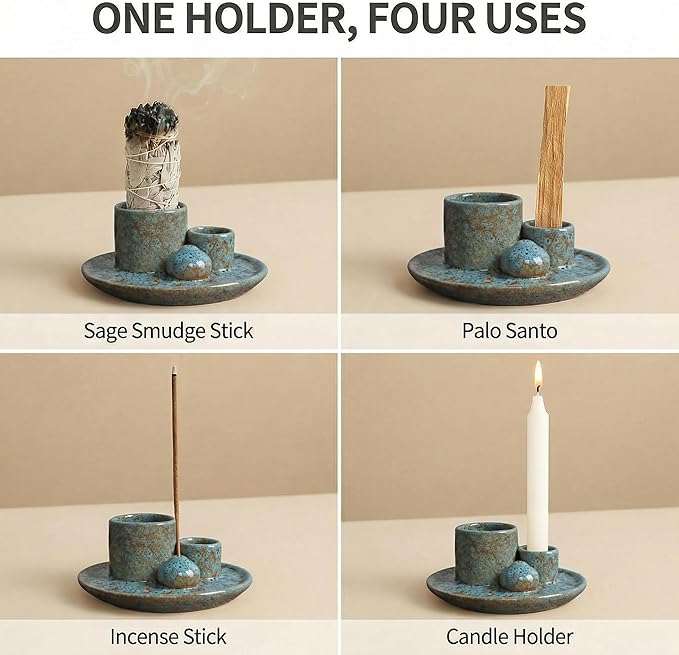 Palo Santo Sticks Holder, Multi-Purpose Handmade Ceramic Incense Burner for Palo Santo Incense Sticks, Sage Holder for Burning, Ash Catcher Tray for Meditation Yoga Room-Light Blue