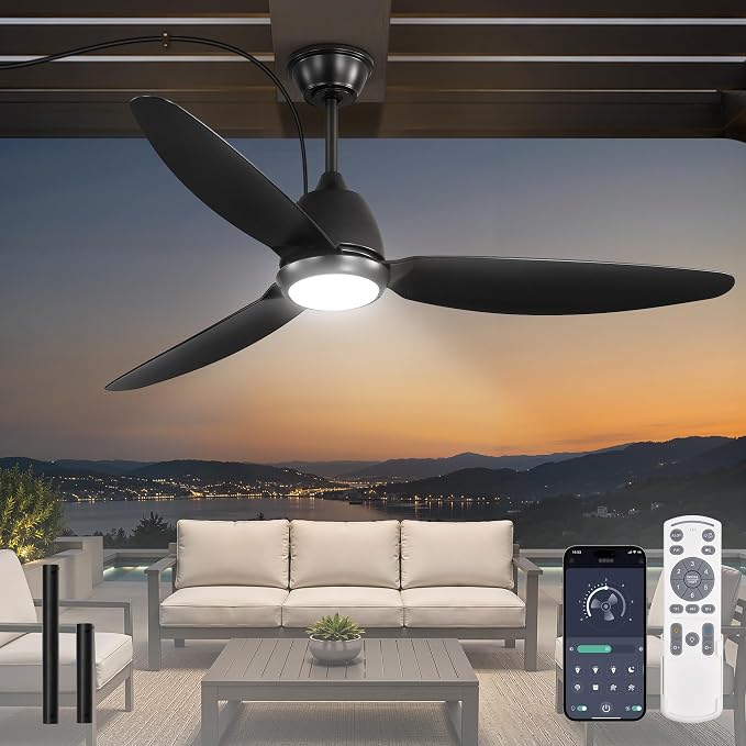 Fanbulous 52" Outdoor Ceiling Fan with Light, IP65 Waterproof Wet Rated, Plug in Gazebo Fan with 10FT Cord, Smart APP & Remote, 6-Speed Reversible DC Motor, 3CCT Dimmable LED for Patio Porch (Black)