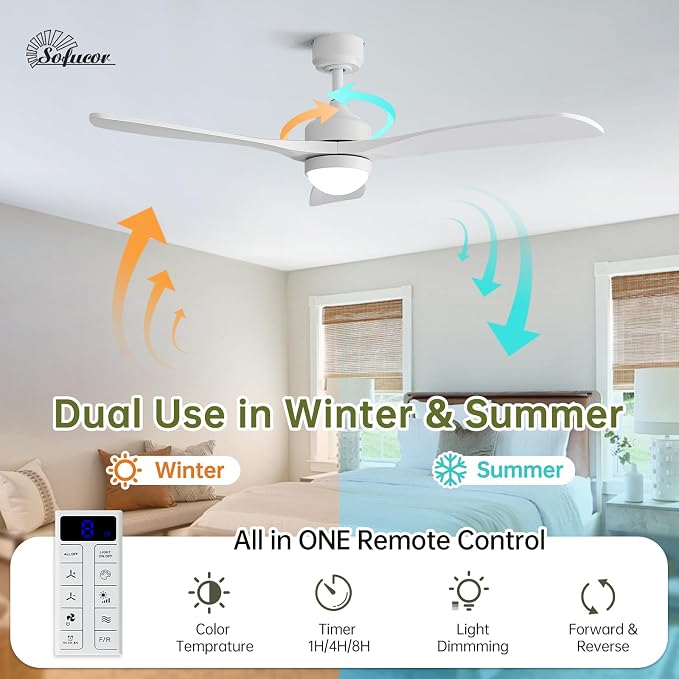 Sofucor 52" Smart Wood Ceiling Fans Lights, Flush Mount & Downrod Mount, 3 Wood Blades Modern Outdoor Ceiling Fans with Alexa/Google Assistant/APP/Remote Control for Bedroom, Farmhouse, Patio, Indoor