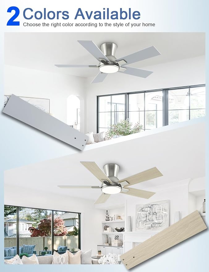 42 Inch Ceiling Fans with Lights and Remote, Brushed Nickel Flush Mount Low Profile Ceiling Fan for Bedroom, Patio, Reversible DC Motor, 6-Speed Quiet LED Dimmable, ETL Listed
