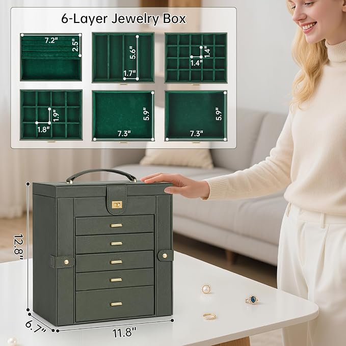 AKOZLIN 6-Tier Jewelry Box Organizer Functional 5 Drawers Leather Jewelry Storage Case for Women Girls Ring Necklace Earring Bracelet Holder Organizer with Mirror Extra Large Darkgreen