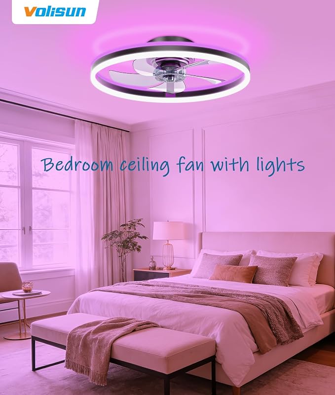 VOLISUN RGB Ceiling Fans with Lights and Remote, 20in Low Profile Ceiling Fans with Lights Flush Mount, 3000K-6500K Dimmable Fandelier LED Fan Light, Black Bladeless Ceiling Fans for Bedroom