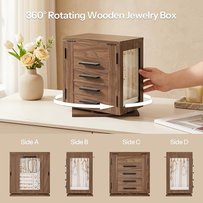 HOOBRO 360° Rotating Jewelry Box with Mirror, Jewelry Organizer with 4 Drawers, 3 Transparent Acrylic Doors, Wooden Jewelry Storage Box for Necklaces, Rings, Bracelets, Earrings, Walnut BH31JB04