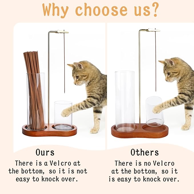2 in 1 Incense Holder with Ash Catcher, Anti-Tip Secure Glass Cups with Hook & Loop Fasteners, 8-Shaped Wooden Base, Stable Vertical Burner for Meditation, Yoga & Home Decor (Brown)