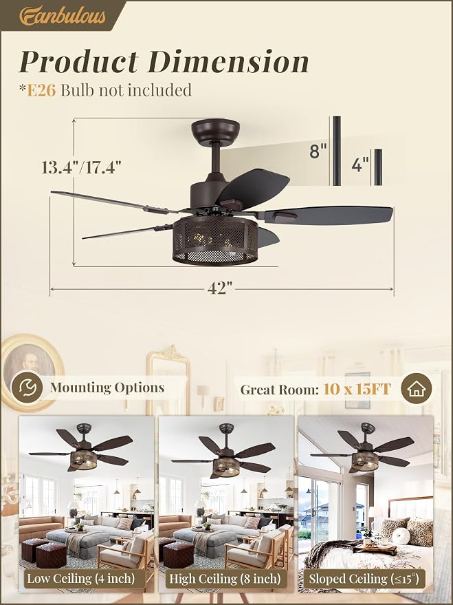 Fanbulous Farmhouse Oil Bronze Ceiling Fans with Lights and Remote, 42 Inch Bedroom Caged Ceiling Fans for Living Room Kitchen，6 Speed Reversible Quiet DC Motor, Dual Finish 5 Blades