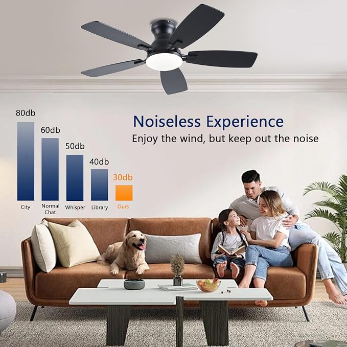JSAITEE Ceiling Fans with Lights, 42 Inch Low Profile Ceiling Fan with Light and Remote Control, Flush Mount, DC Reversible Motor, Noiseless, Black 6 Speeds Ceiling Fan for Bedroom