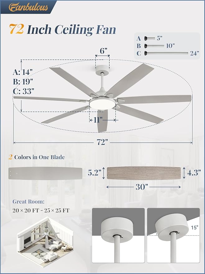 Fanbulous 72 Inch Large Ceiling Fans with Lights, Grey Modern Ceiling Fan with Quiet DC Motor, 3CCT, Indoor/Outdoor Ceiling Fan with Dual Finish Reversible 7 Blades, Timer for Living Room, Patio
