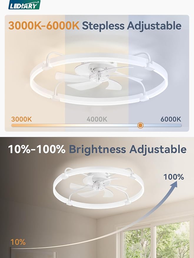 LEDIARY 30" Ceiling Fans with Lights and Remote, Low Profile Led Fan Light | Stepless Dimmable Fandelier, 6 Wind Speeds, Remote and APP Control, Flush Mount Ceiling Fan for Bedroom, Living Room, White
