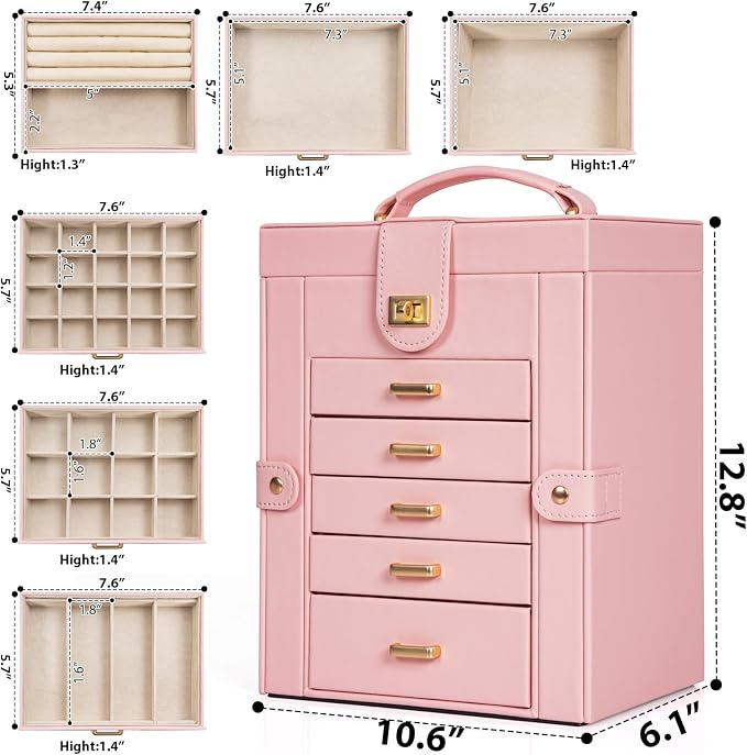 AKOZLIN 6-Tier Jewelry Box Organizer Functional 5 Drawers Leather Jewelry Storage Case for Women Girls Ring Necklace Earring Bracelet Holder Organizer with Mirror Light Pink Large