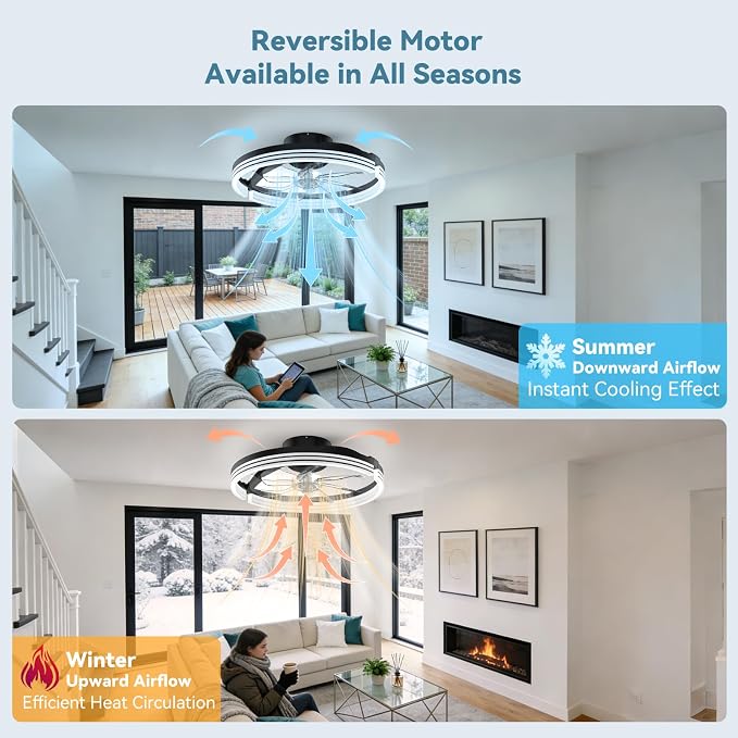AIKVSXER Ceiling Fans with Lights and Remote, 20'' Low Profile Ceiling Fan with APP Control, 3000K-6500K Dimmable, Quiet Reversible DC, Modern Flush Mount Fandelier for Bedroom (Black-Stripe)