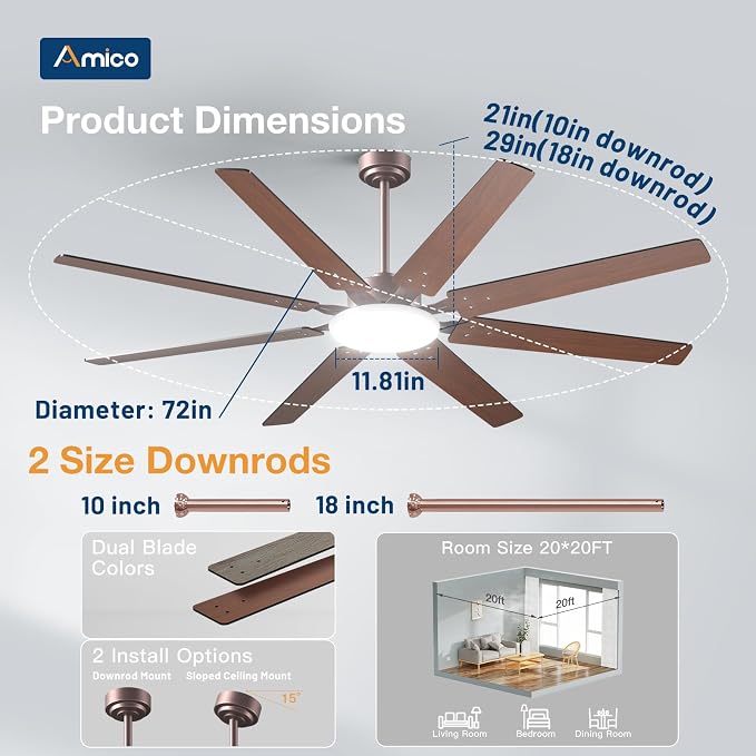 Amico 72 inch Farmhouse Bronze Ceiling Fan with Light, Large Energy Efficient Ceiling Fans with Remote, Reversible DC Motor, Dimmable 3CCT LED, Quiet Indoor/Outdoor for Living Room, Bedroom, Patio