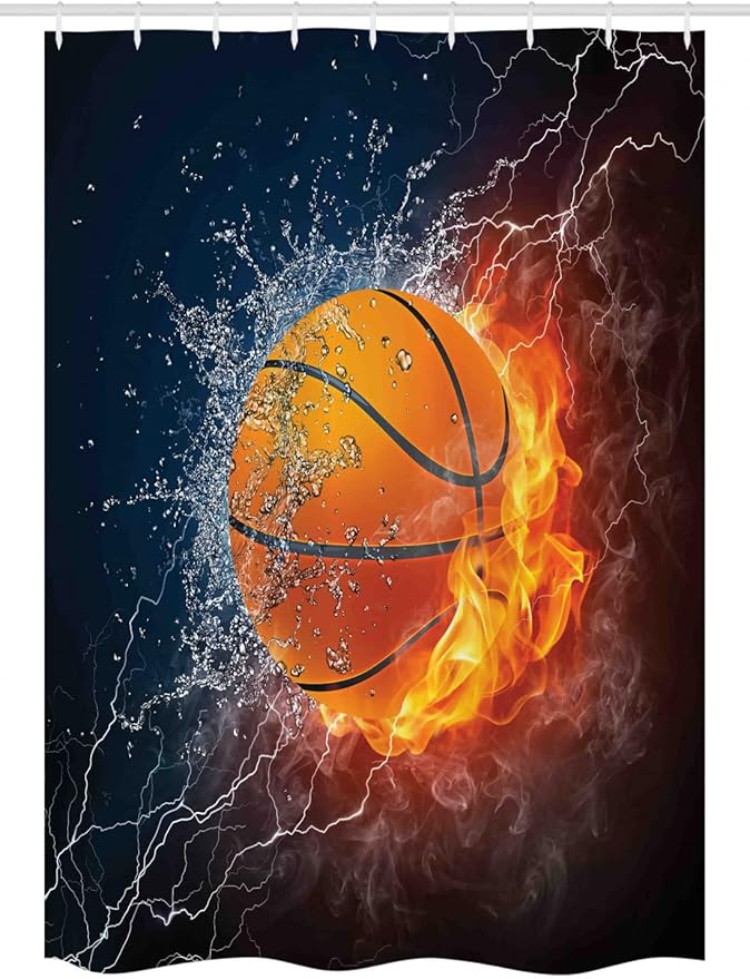 Ambesonne Sports Stall Shower Curtain, Basketball Ball and Water Splashing Thunder Lightning Themed Design, Fabric Bathroom Decor Set with Hooks, 54" W x 78" L, Dark Blue and Burgundy