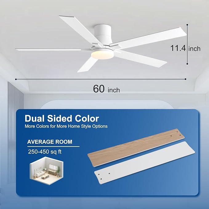 Rayqueen 60 Inch Flush Mount White Ceiling Fans with Lights and Remote | 6 Speed Reversible DC motor,3-color temperature dimmable LED.For indoor/covered outdoor.Modern style for bedroom room