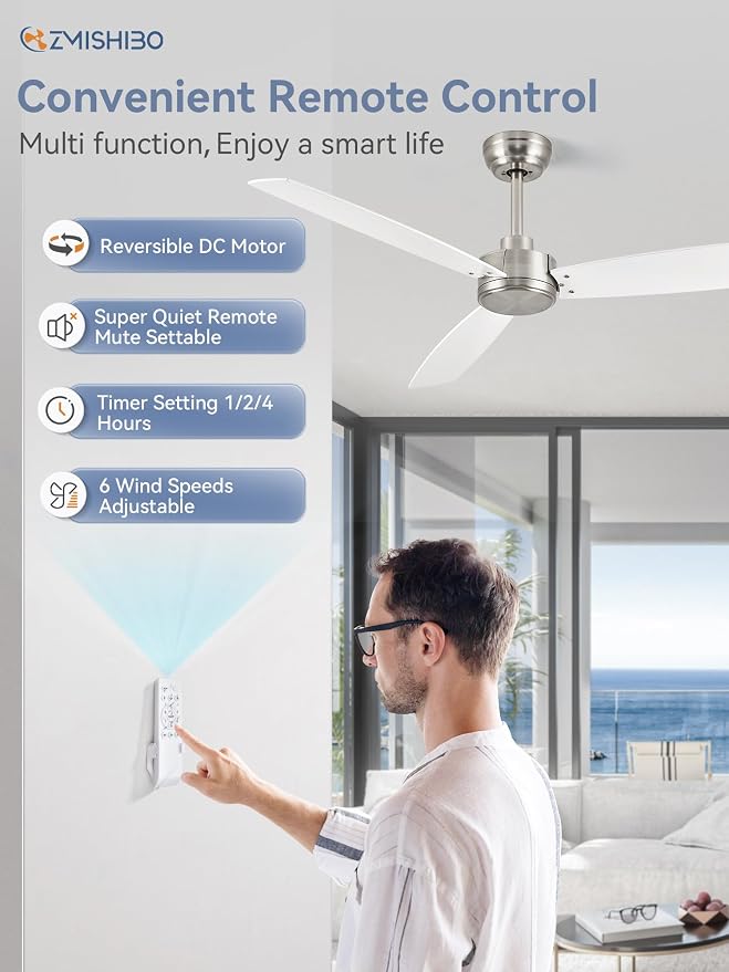 ZMISHIBO 52 Inch Ceiling Fan with Remote No Light, Brushed Nickel & White Outdoor Ceiling Fans with Quiet Reversible DC Motor, 6 Speeds, 3 Blade Modern Ceiling Fan for Patio Living Room Bedroom Indoor