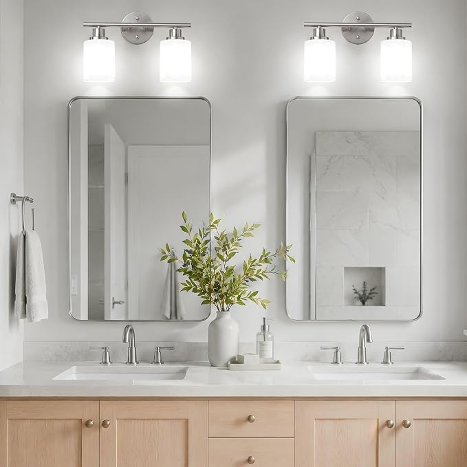Unicozin 2 Light Bathroom Light Fixtures, Modern Vanity Lights with Milky White Glass Shade, Brushed Nickel Wall Lamp Over Mirror for Bathroom, Living Room, Cabinet, Bedroom, E26 Base