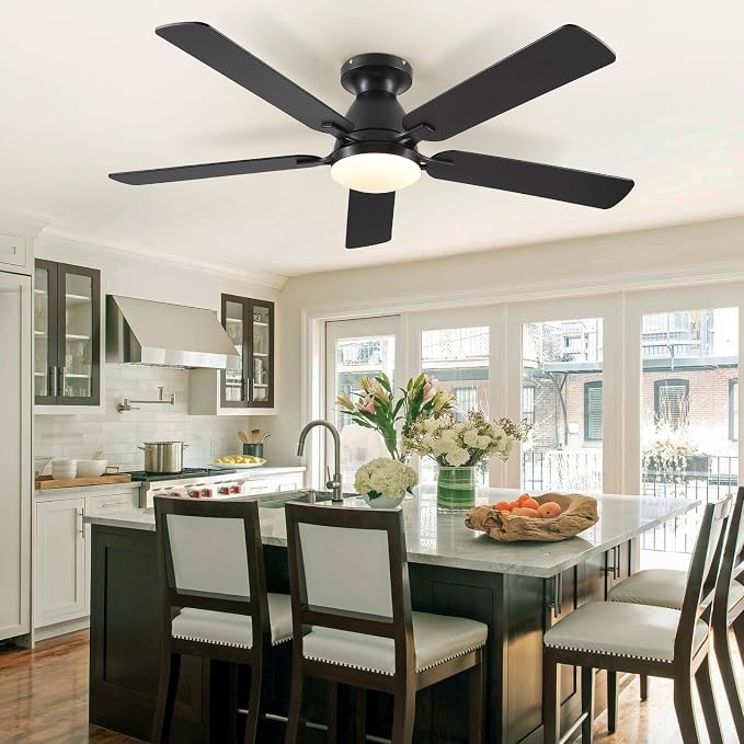52 Inch Ceiling Fans with Lights and Remote, Flush Mount, Black | Low Profile, Dimmable LED, Reversible, Quiet DC Motor, Wooden Blades, for Modern Apartment Bedroom Home Office Living Room