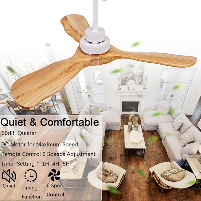 52In Wood Ceiling Fan with Lights,Noiseless Reversible DC Motor with Remote | tung walnut wood blades, silent reversible dc motor, remote control, dimmable 3cct led, indoor outdoor for farmhouse patio