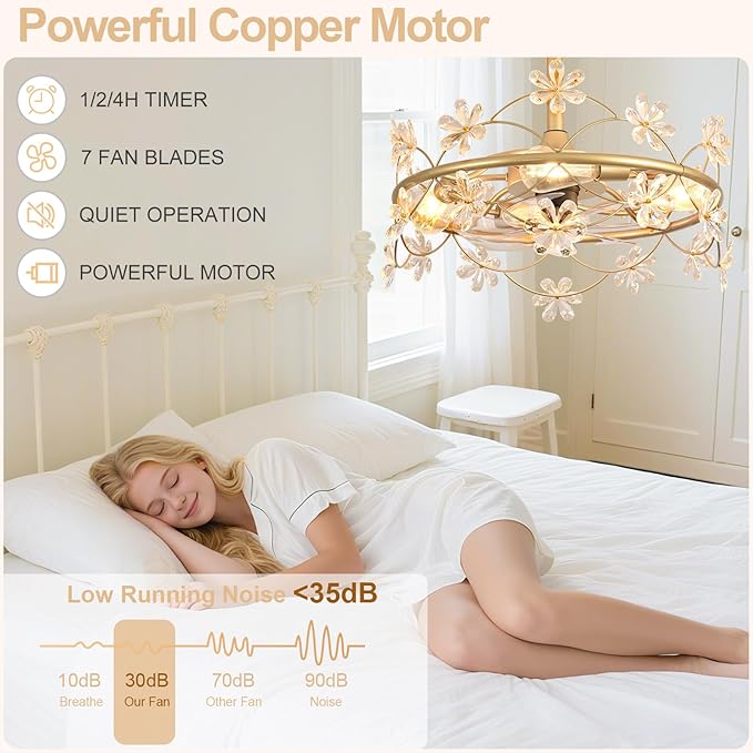 Depuley Bedroom Ceiling Fan with Lights: 20" Gold Chandelier Small Fan with Remote Control - Modern Flower Fandelier for Girl's Bedroom Living Room Kitchen