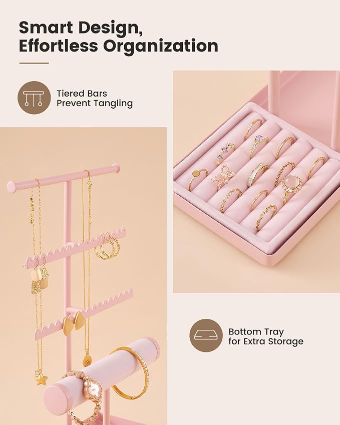 Lolalet Jewelry Organizer Stand, Necklace Bracelet Holder -Pink | Space-Saving Jewelry Display Storage Rack on Vanity Dresser for organizing Earrings Bangels Rings