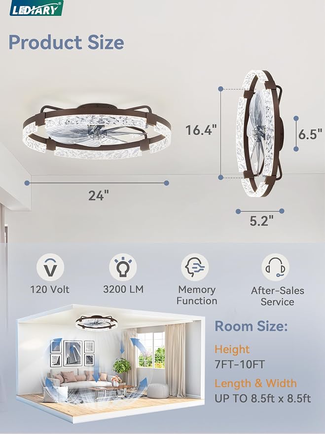 LEDIARY 24 Inch Low Profile Ceiling Fans with Lights and Remote, Flush Mount Fandelier Ceiling Fan, 3000K-6000K Dimmable LED Fan Light, Brown Modern Ceiling Fans with Lights for Bedroom