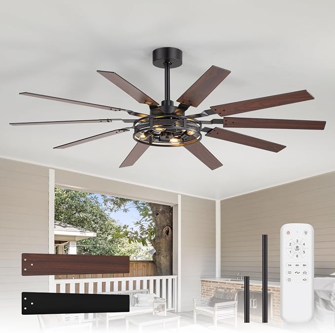60 Inch Farmhouse Ceiling Fans with Rustic Lights, Caged Ceiling Fans with Remote, Industrial Ceiling Fan with Reversible DC Motor, Antique Downrod Mount Fan with Chandelier for Living Room Bedroom
