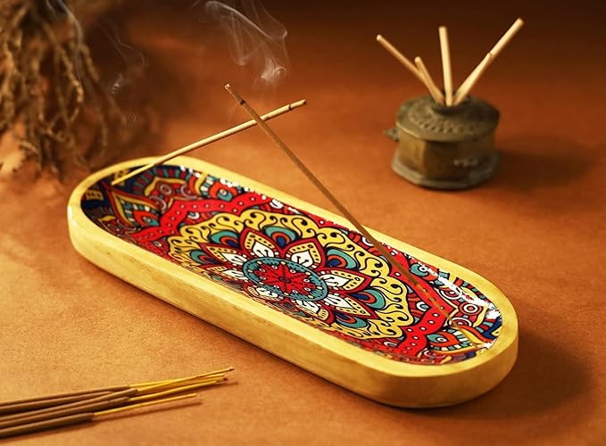 Yajna Traditional-Handmade Incense-Stick-and-Cones-Holder Incense-Burner-ash-Catcher-Stand Wooden-Tray-Holder (Mandala)