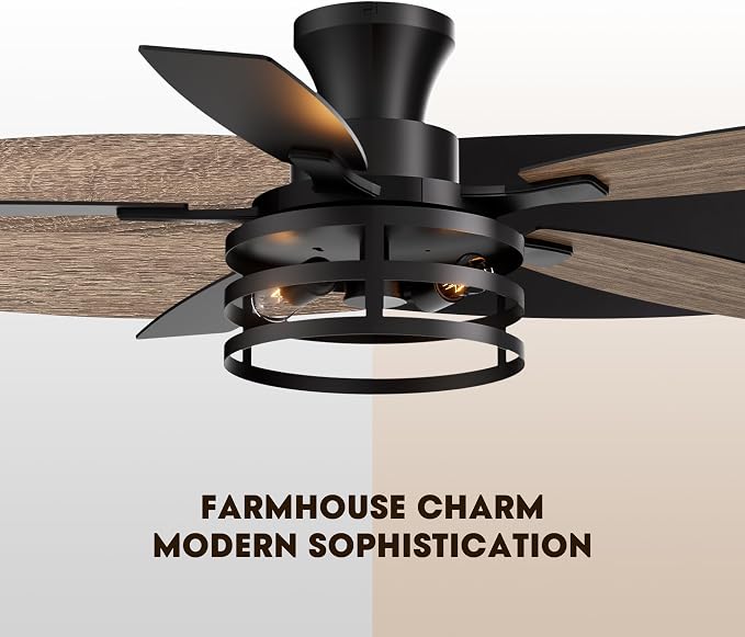 42 Inch Flush Mount Ceiling Fans with Lights and Remote Control, Farmhouse Ceiling Fan with LED Lighting for Bedroom Living Room and Patio, Black Caged Ceiling Fan for Indoor and Outdoor(NO Bulbs)