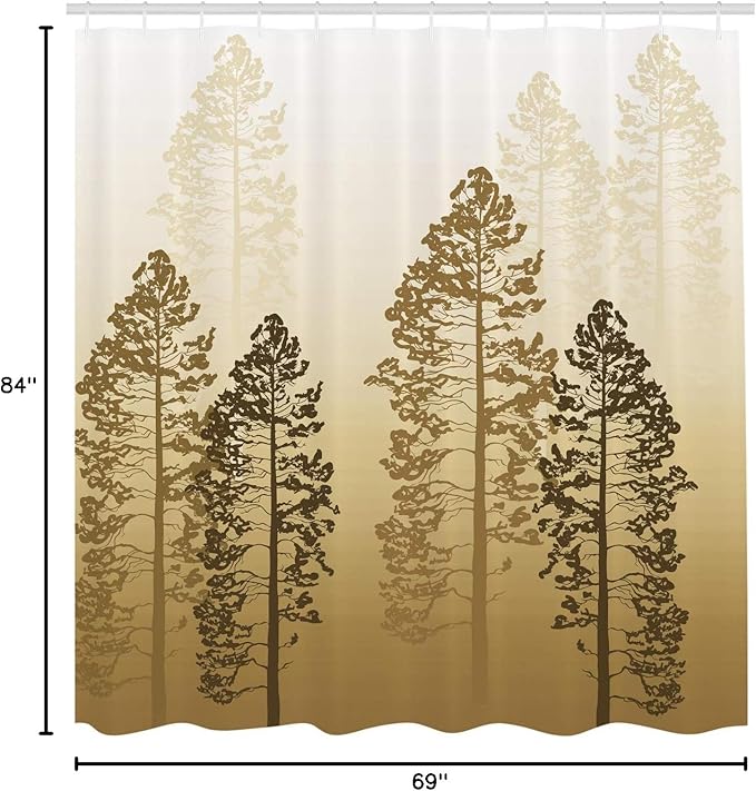 Ambesonne Country Shower Curtain, Pine Trees in The Forest on Foggy Seem Ombre Backdrop Wildlife Adventure Artwork, Cloth Fabric Bathroom Decor Set with Hooks, 69" W x 84" L, Brown Sand