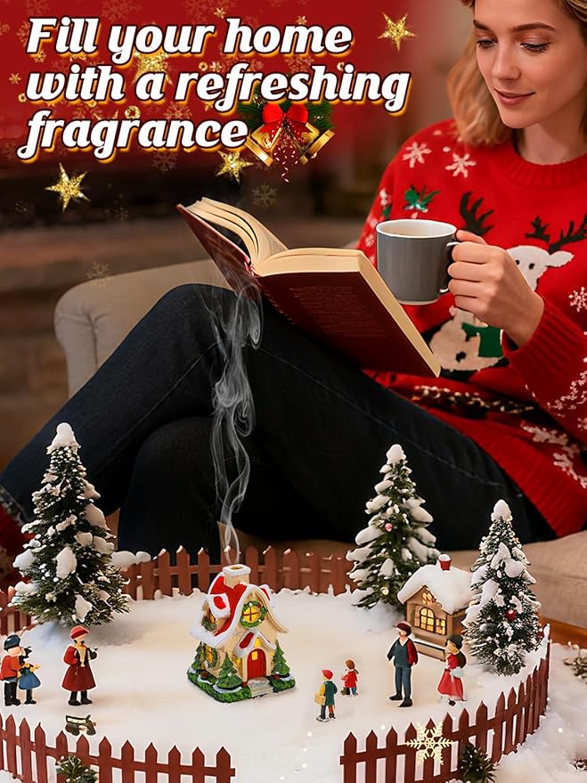 Christmas Log Cabin Incense Burner - Gift for Mom Wife Her Women, Christmas Village House Incense Holder with 2 Incense Cones for Home Decorations, Red