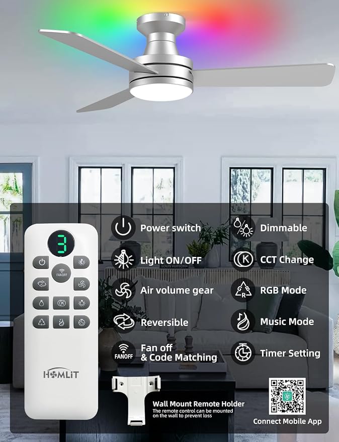 42 inch RGB Ceiling Fan with Light, Smart App & Remote Control Low Profile Flush Mount, Music Sync Lighting, 6-Speed Quiet Reversible DC Motor, 4CCT Dimmable for Home Office Party, Silver