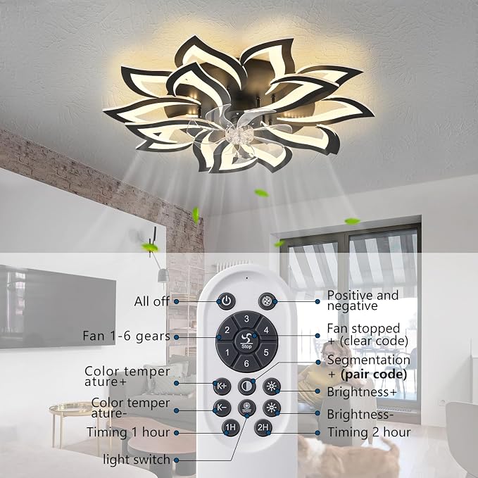 15Leaves-Black Flower Modern CeilingFans with Lights, Low Profile Ceiling Fan with Remote for Bedroom, Flush Mount Ceiling Fan with LED Dimmable Light,6-Speeds, Timing CeilingFan Light